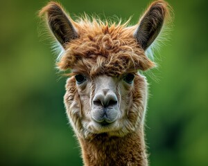 portrait of an alpaca with a funny expression, green background
