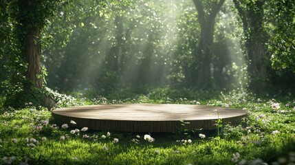 Naklejka premium A circular wooden podium surrounded by lush green grass and blooming flowers, set against the backdrop of an enchanting forest with towering trees and dappled sunlight filtering through their leaves