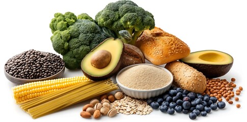 High-fiber foods including whole grains, fruits and vegetables, rich in corn, rope, breads, pastas, avocados, blueberries, dried beans, nuts, chia seeds and broccoli