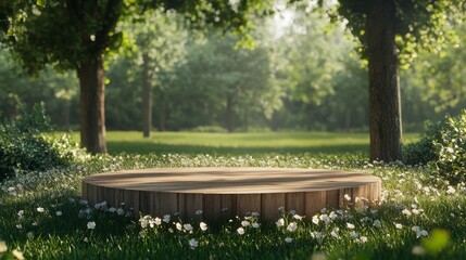 A circular wooden podium surrounded by lush green grass and blooming flowers, set against the backdrop of an enchanting forest with towering trees and dappled sunlight filtering through their leaves