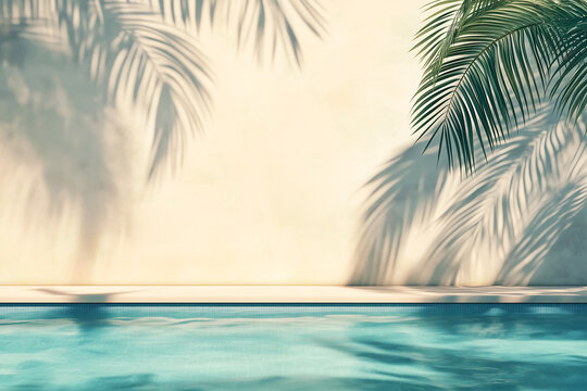 Tropical summer background with plaster wall, pool water and palm shadow. Luxury hotel resort poolside scene mockup template. Beach vacation holiday
