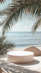 Fototapeta premium photo of round podium on the beach with sea and palm tree background, summer vibes, bright sunny light, close up shot, minimalistic, mockup 