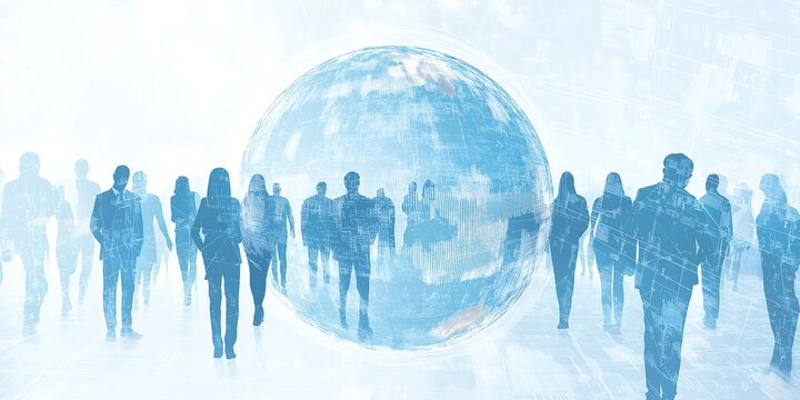 Business team standing in front of a digital globe, with a blue and white color scheme, in a corporate culture background image, using a double exposure photography technique
