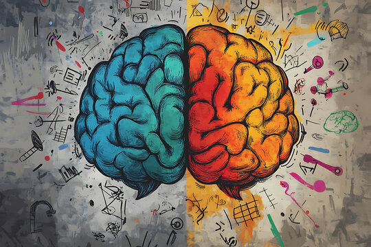 Hand drawn brain, left and right semispheres, surrounded by formules and graphs and flowers with butterflies and stars, hand drawn vector illustration