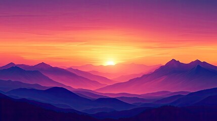 Obraz premium Sunset over a mountain range, with the sky painted in shades of orange, pink, and purple, and the mountains silhouetted against it.