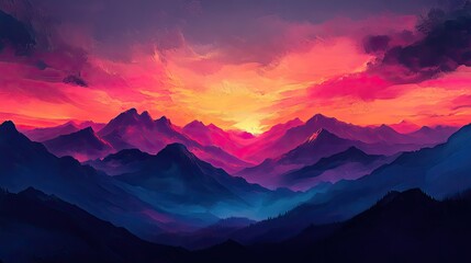 Obraz premium Sunset over a mountain range, with the sky painted in shades of orange, pink, and purple, and the mountains silhouetted against it.