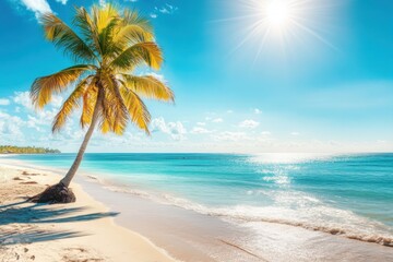 Idyllic tropical beach with golden sand palm tree