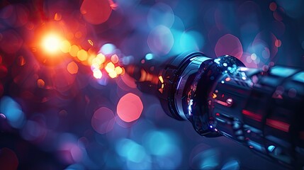 A robotic arm with glowing red light extends towards a blurred background of colorful bokeh lights.