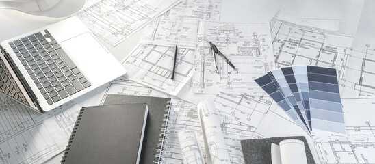 Architects concept, engineer architect designer freelance work on start-up project drawing, construction plan. architect design working drawing sketch plans blueprints and making construction model