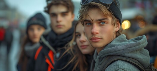 Fototapeta premium Group of young people stand on the street, looking at the camera with serious faces. Attractive man in his mid-30s wearing a hoodie, behind him two women