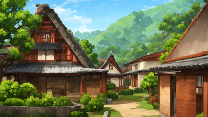 Fototapeta premium Beautiful rural village house, Indian village background for cartoon