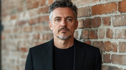 Obraz premium A man in a black suit stands in front of a brick wall