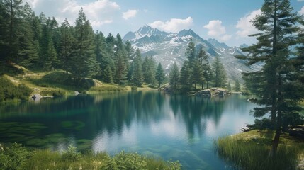 A serene alpine lake surrounded by pine trees.