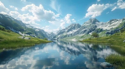 A serene alpine lake surrounded by mountains.