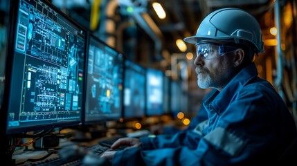 Fototapeta premium Engineers monitoring a chiller plant control room with computer screens displaying system data