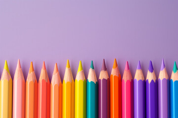 Colorful pencils arranged in rows on a pastel purple background.