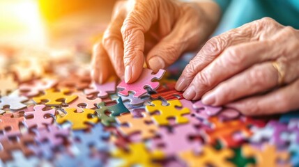 Senior hands assembling colorful jigsaw puzzle pieces