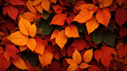 Fototapeta premium Autumn foliage presents a vibrant blend of reds, oranges, and yellows overlapping 
