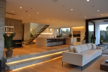 Naklejka premium Modern minimalist home, clean lines, sleek furniture, neutral palette, open living space, spacious kitchen, natural light