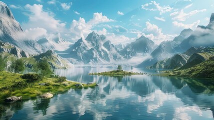 A serene alpine lake with a reflection of the mountains.