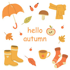 Hello autumn, set of autumn elements, vector cozy autumn attributes, leaves, umbrella, scarf, rubber boots, socks, cup of tea