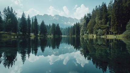 A serene alpine lake with a reflection of pine trees.