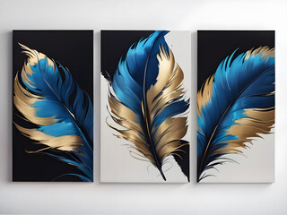  Elegant feather painting in blue black and gold color in 3 frames on white and light blue background