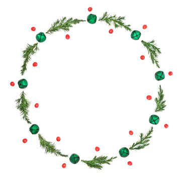 Christmas wreath with fir, green bell baubles and holly berries on white background, Decorative festive design for gift tag, invitation, logo, label, greeting card. Cooy space.
