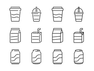 Beverage icon set. Basic flat design drink products. Plastic glass, can, milk carton sign symbol. Water, soda, cup, box, straw.