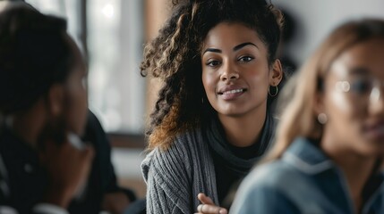 Fototapeta premium Woman talking and engaging in a debate with peers during a group meeting