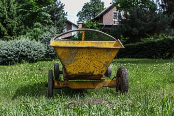 Fototapeta premium Laying paving stones on the sidewalk. Two-wheeled wheelbarrow for transporting cement and other heavy loads. Beautiful simple AI generated image in 4K, unique.