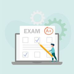 Online exam. Education, study, digital e-learning, degree, graduate concept. Exam result on laptop. Vector illustration.	
