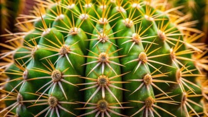 Macro shot of cactus spines, showcasing intricate patterns and sharp, rigid protrusions extending from the plant's waxy stem in the desert landscape.