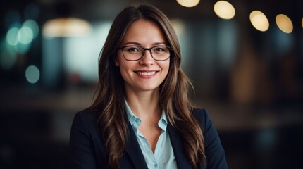 Beaming Business Woman Spectacles Corporate Clothes Blurry View 