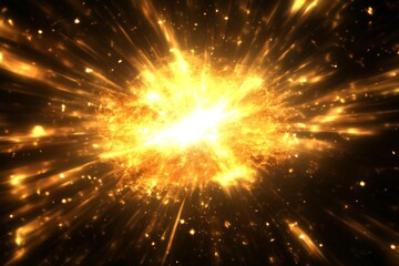 Fototapeta premium Dynamic Cosmic Eruption: A Radiant Golden Solar Burst on a Black Background with Glaring Digital Flares and Color-Tuned Light Rays.