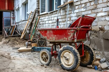 Fototapeta premium Laying paving stones on the sidewalk. Two-wheeled wheelbarrow for transporting cement and other heavy loads. Beautiful simple AI generated image in 4K, unique.