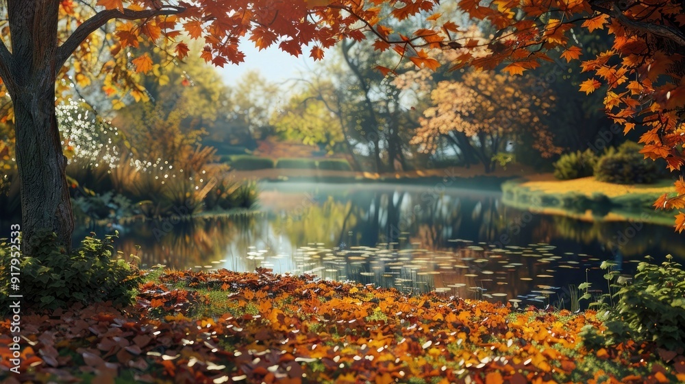 Canvas Prints A serene autumn landscape with vibrant leaves and a peaceful pond.