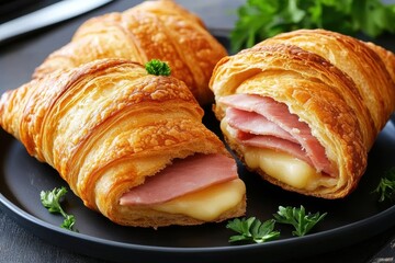 Golden ham cheese croissants on plate