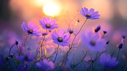 The soft beauty of purple flowers at sunset, with their petals catching the last rays of light in a peaceful field.