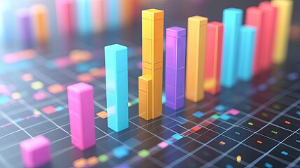 A 3D bar graph with colorful bars rising from a grid base, representing financial growth.