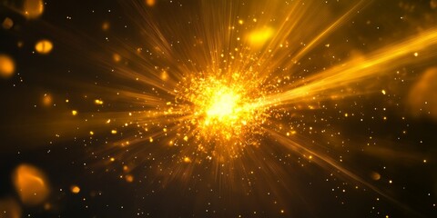 Fototapeta premium Dynamic Cosmic Eruption: A Radiant Golden Solar Burst on a Black Background with Glaring Digital Flares and Color-Tuned Light Rays.