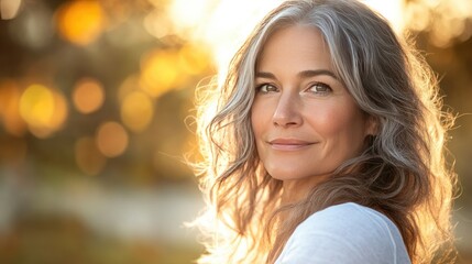 Obraz premium A 50-year-old woman with graceful aging and radiant skin, captured in natural light.