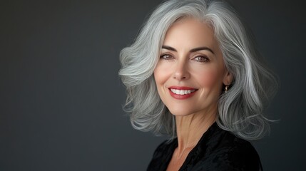 A beautiful 50-year-old woman with elegant gray hair and a captivating smile.