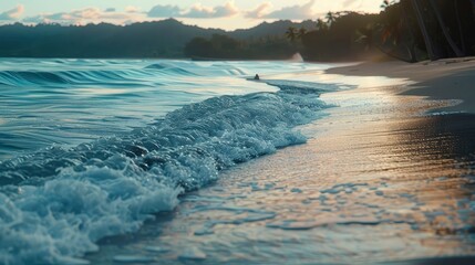 A serene beach at dusk with gentle waves lapping the shore.