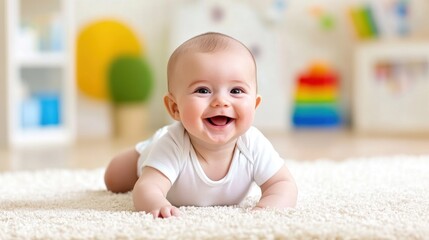 Joyful baby playing on soft carpet in nursery room