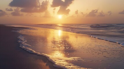 A serene beach at sunrise with soft golden light.