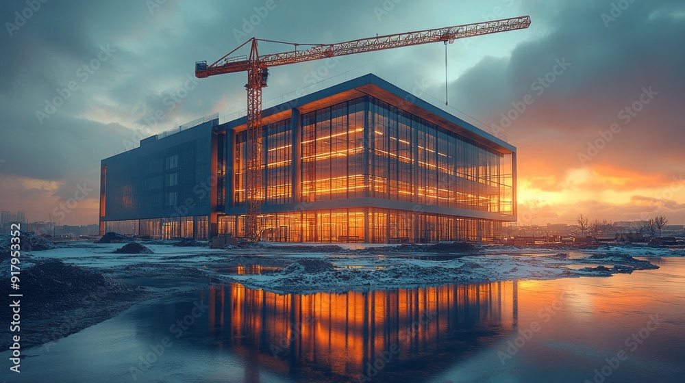 Poster A large building with a crane in the background