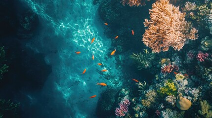 The stunning detail of an underwater coral reef seen from above, with fish darting through the clear blue water.