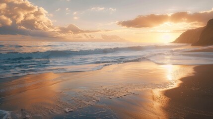 Obraz premium A serene beach at sunset with soft light and gentle waves.