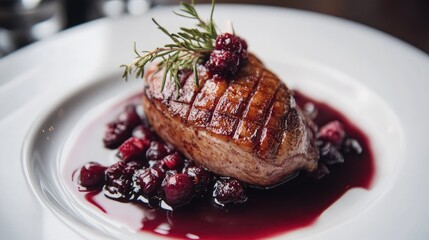 A beautifully plated piece of roasted duck breast with a berry sauce.